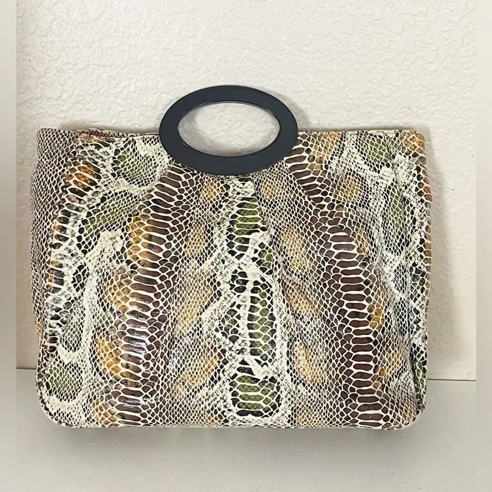 Vintage Sondra Roberts Brown and Black clutch purse with Exotic Snakeskin Print